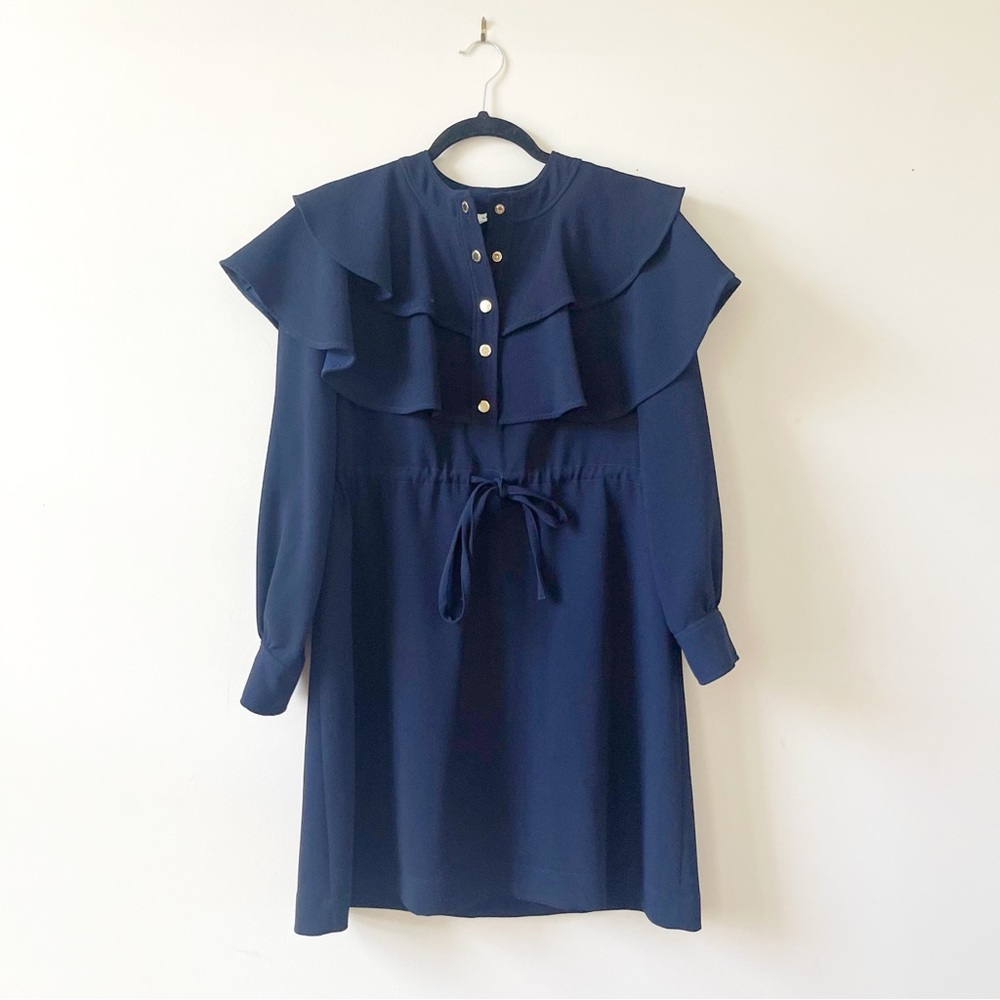 Sandro Navy Midi Dress with Ruffle Detail